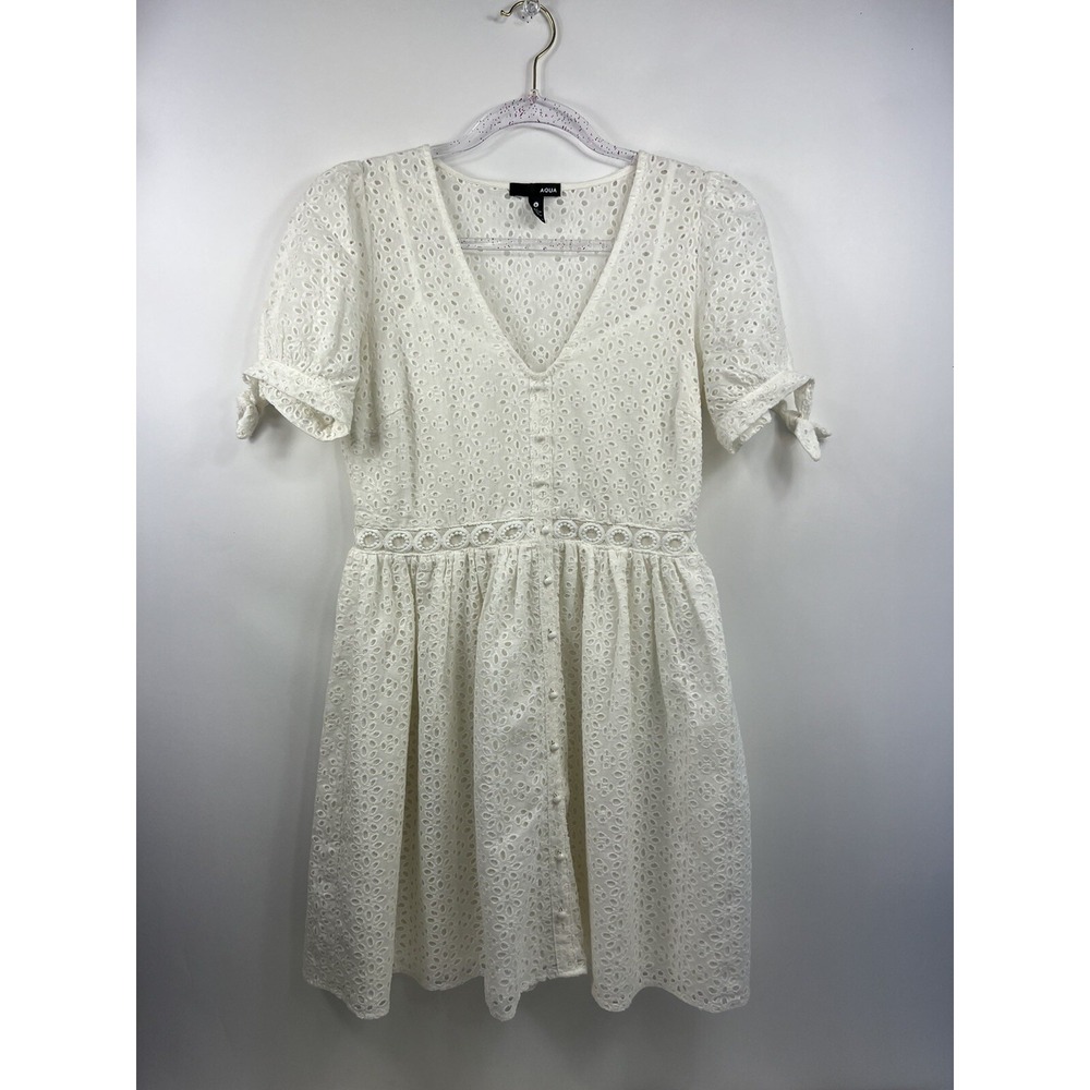 Aqua Dress Women's Size S White Eyelet False Full Button Front Short Sleeve Bows